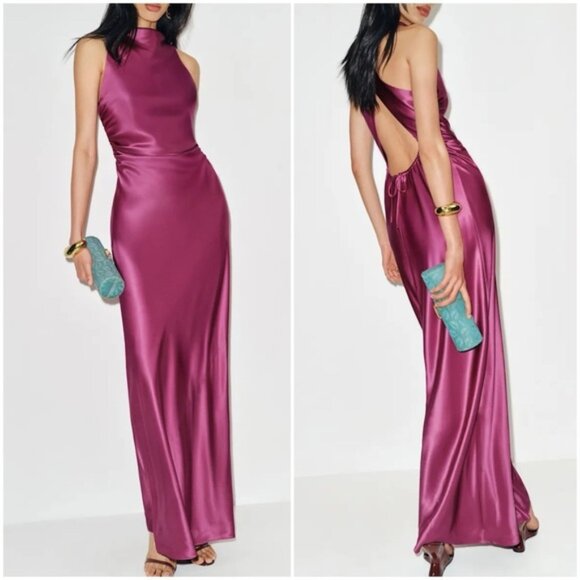 NEW Reformation Anaiis Long Silk Dress Hibiscus Tea Dark Pink Magenta | US 4 UK8 - Picture 1 of 16